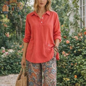 Parsley & Sage Sunwashed Coral Tunic Top Cotton Textured Artsy Boho Shirt Medium